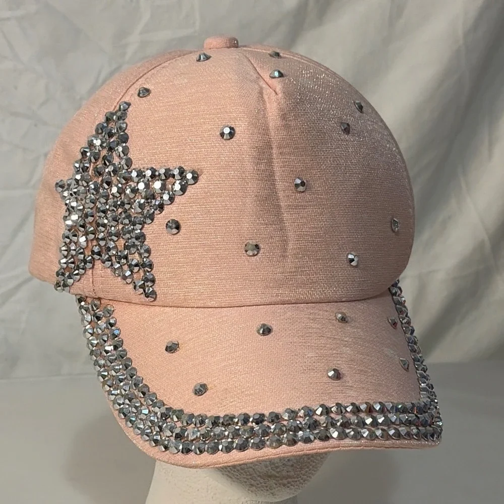 Pink Shimmer Rhinestone Star Baseball Cap Crystal Studded Snapback Hat